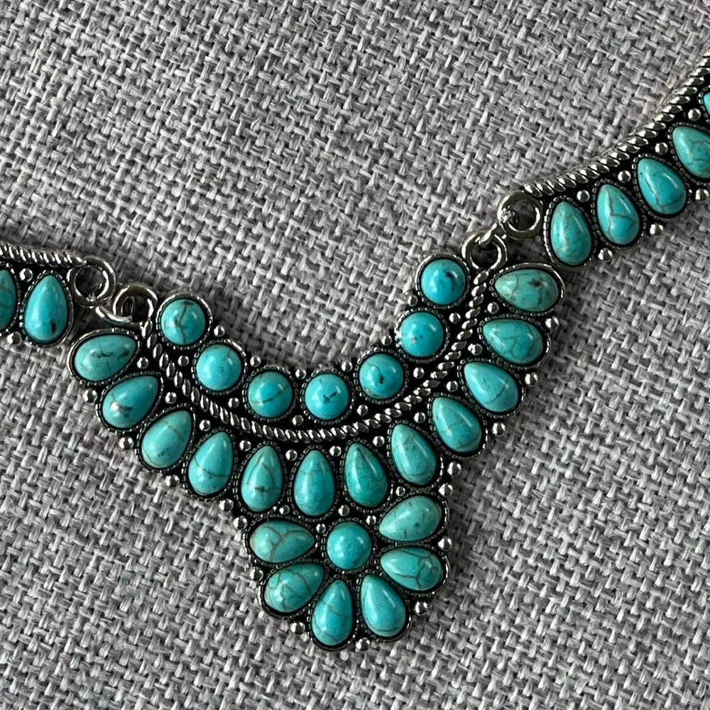 Turquoise Statement Bib Necklace | Silver Tone Boho Chic Jewelry